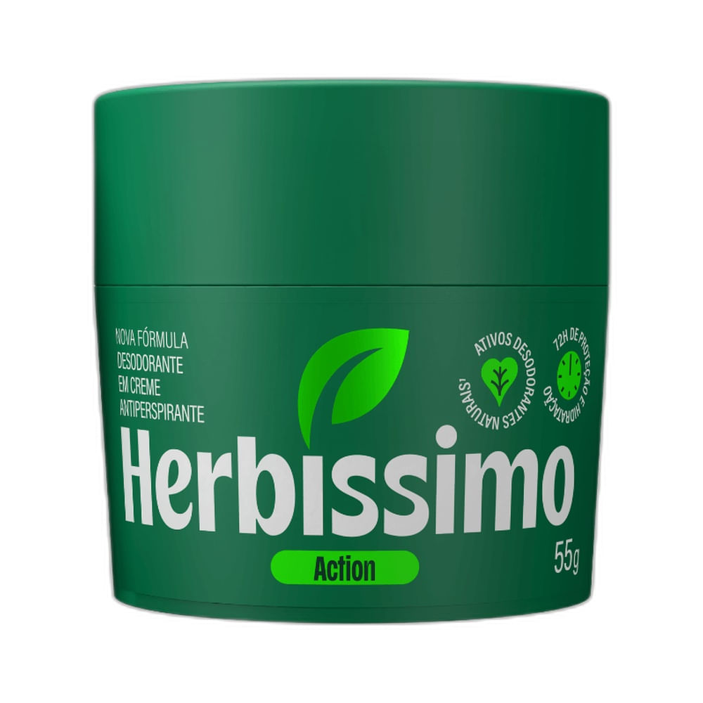 Desodorante Creme Herbíssimo Action embalagem verde escura com tampa verde